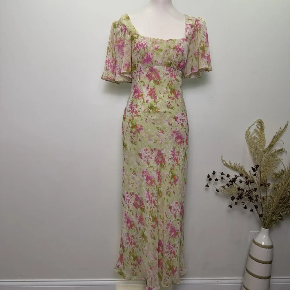 ASTR Tie Back Flutter Sleeve Open Back Cut Out Maxi Dress in Lime Pink Floral L - Picture 1 of 9